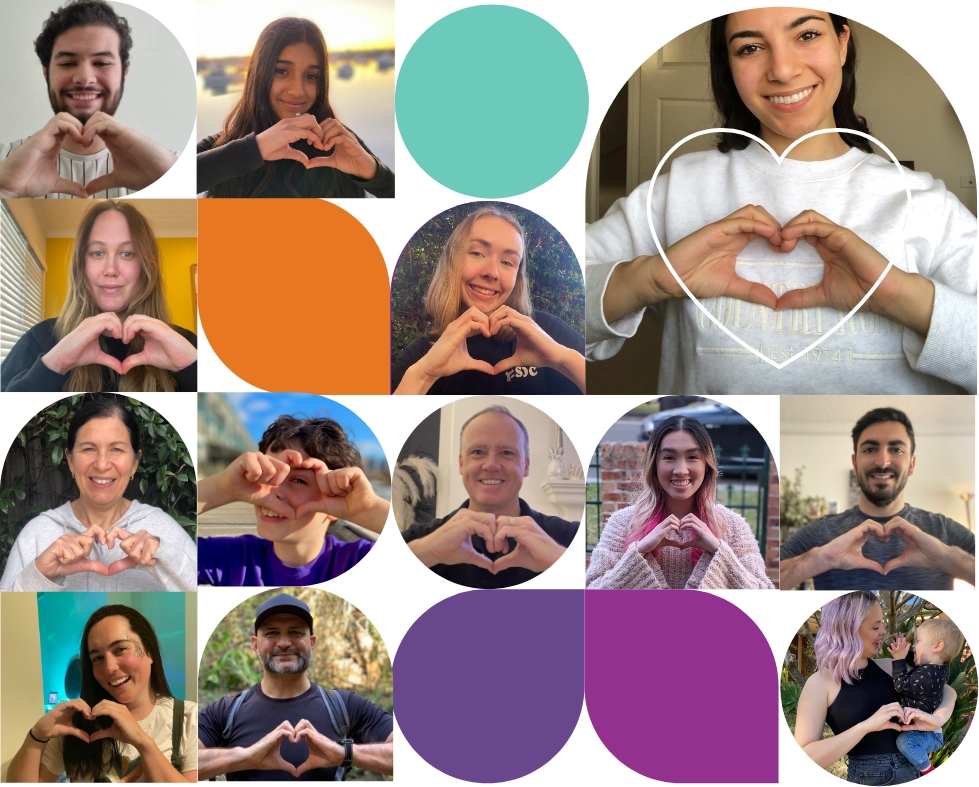 Collage of Sydney Children's Hospitals Foundation staff and donors making a heart symbol with their hands