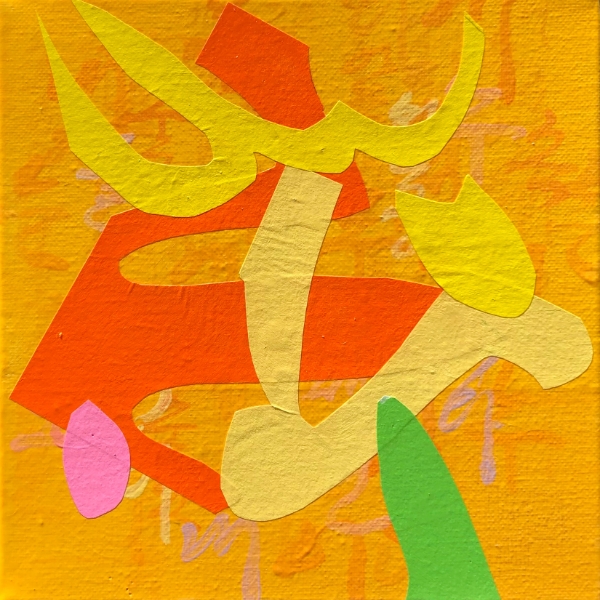 Painting titled 'My hometown is a flowering Mt Valley' by Hyun Hee Lee, 2024, paper collage and acrylic on canvas, 20 x 20 cm, $650