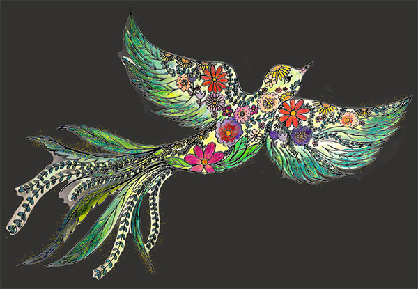 Artwork of a bird flying, with many coloured flowers drawn inside it's outline