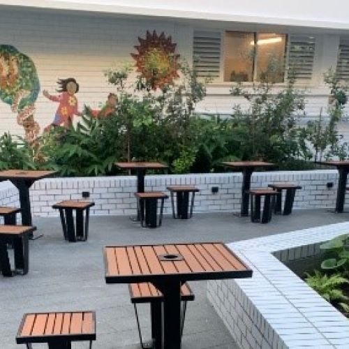 Tables and stools at Sunny's courtyard