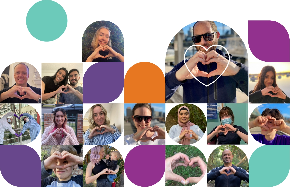 Collage showing images of SCHF staff and Movement of Many members putting their hands together in a heart shape