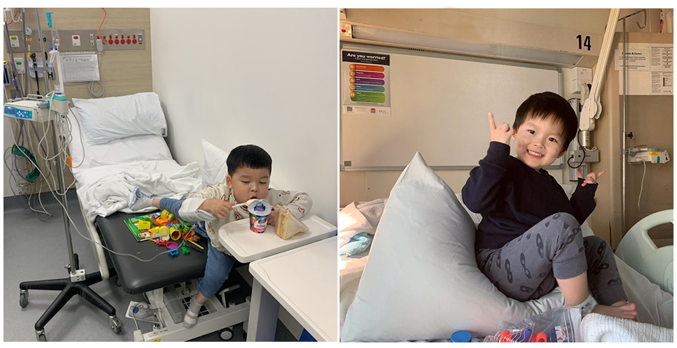 Collage left to right: James eating in hospital, James smiling on a hospital bed