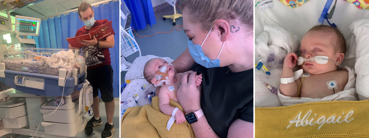 Collage left to right: Abigail's dad reading her a book in hospital, Adrienne holding newborn Abigail, Abigail in hospital bed