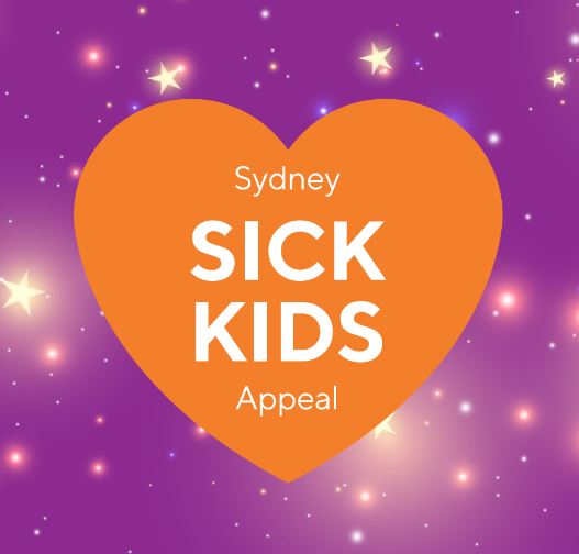 Sydney Sick Kids Appeal tile with an orange heart on a purple background