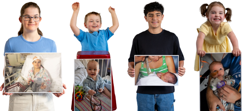 Chloe, Ashton, Harrison and Abigail all grown up. each of them holds a large printed photo of themselves as younger children or newborns in hospital during their treatments. They now look so happy and healthy.
