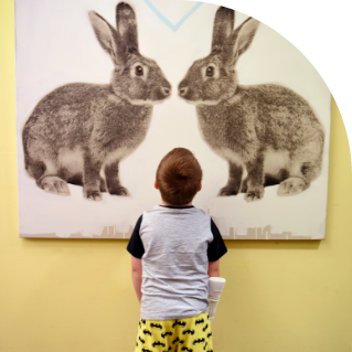 Boy in hospital looking at a painting of two rabbits