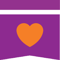 Purple Movement of Many badge with an orange heart