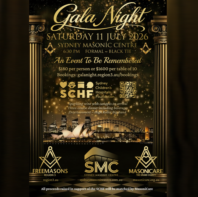Flyer for Masonicare Gala Night on Saturday 11th July at 6:30 pm