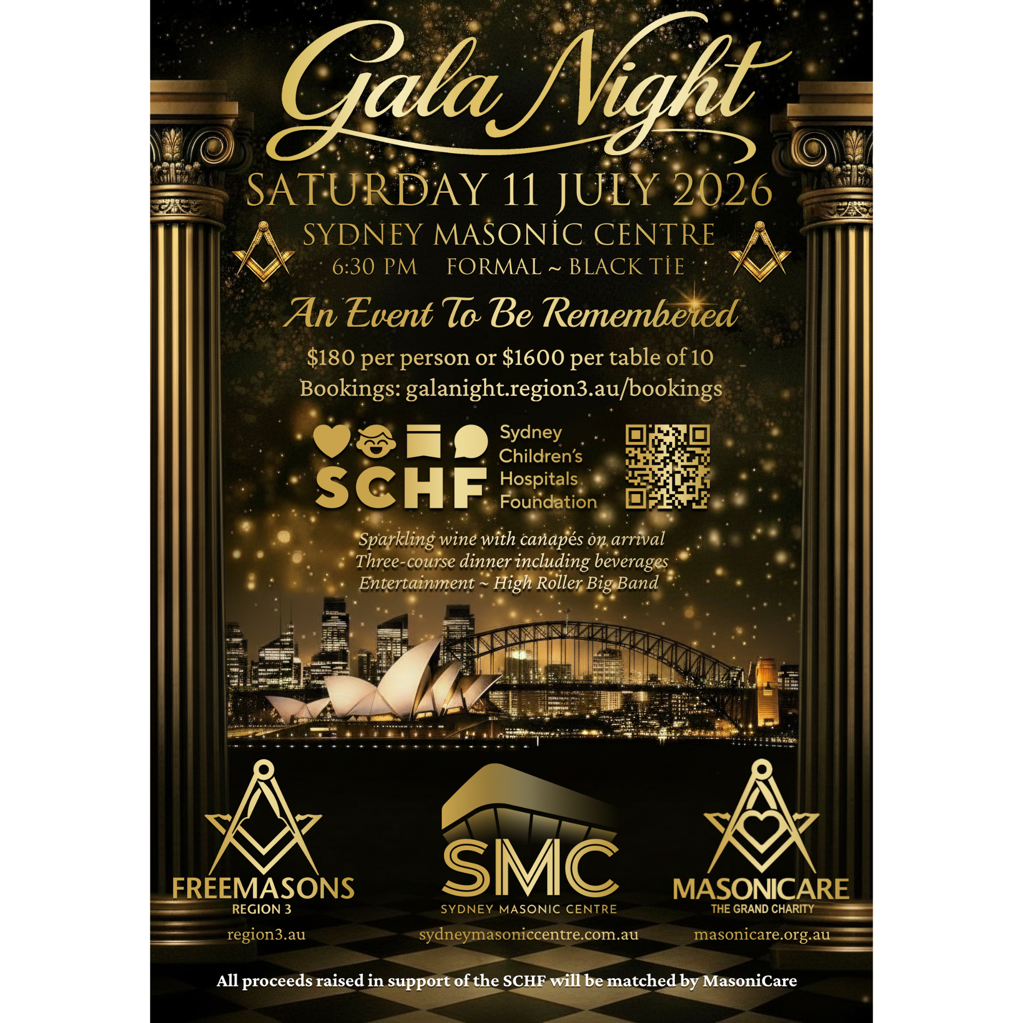 Flyer for Masonicare Gala Night on Saturday 11th July at 6:30 pm