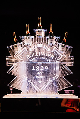 Bollinger Champagne Ice sculpture with bottles of champagne sitting at the top