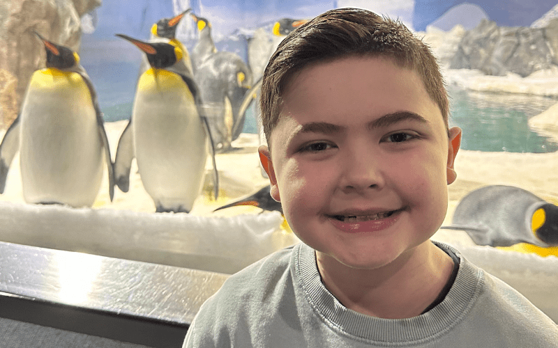 Cooper looking very happy standing in front of the penguin exhibit. Behind the glass two penguins can be seen standing next to each other