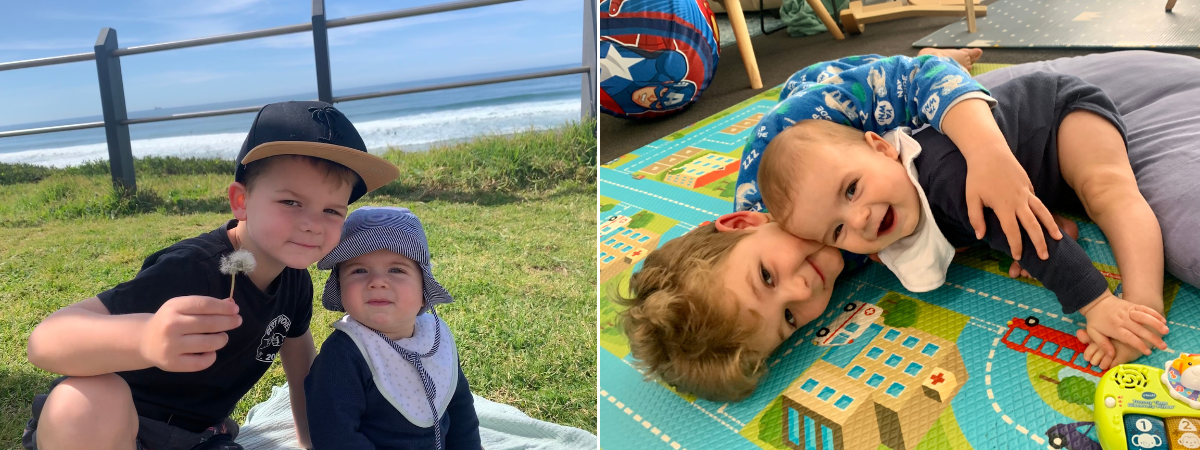 Left to right: Koby and Cooper at the beach, Koby and Cooper playing together