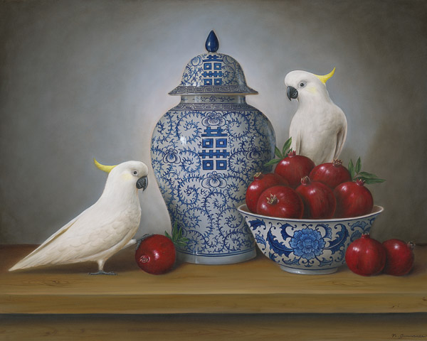 Cockatoo couple with pomegranates
