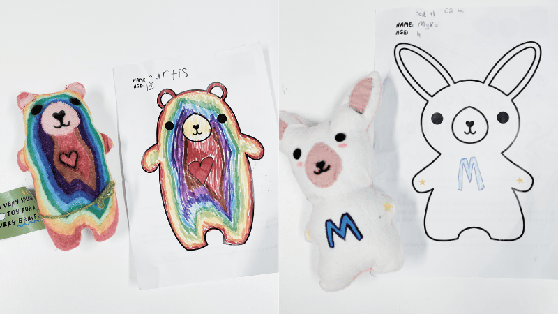 two cuddle buddies next to their design briefs. The left one is rainbow and the right is white, with an initial 'M' for Myka in the centre