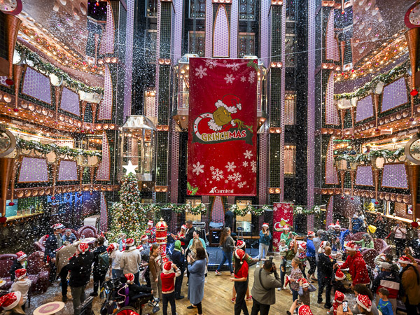 The Atrium on a Carnival Cruise decorated for Grinchmas