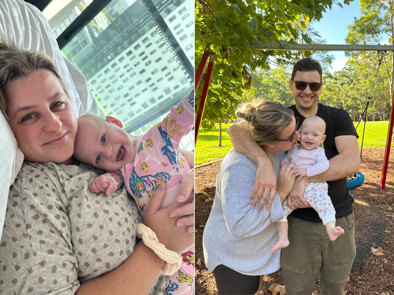 Collage left to right: Mum Amy and Aria cuddling, Aria's parents holding her at the park