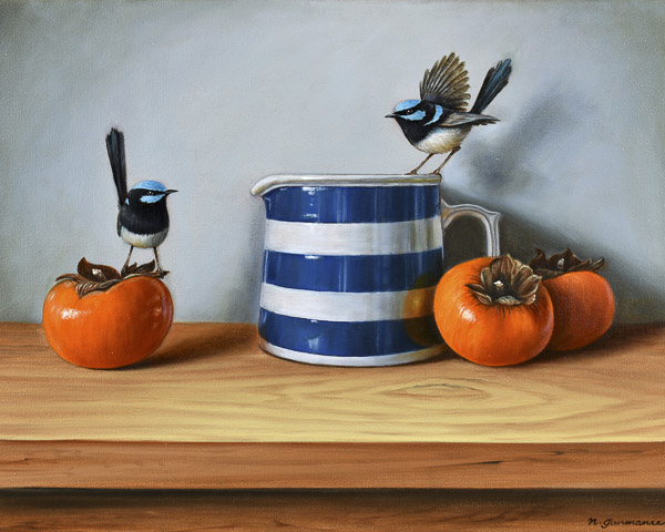Superb fairy-wren with persimmons