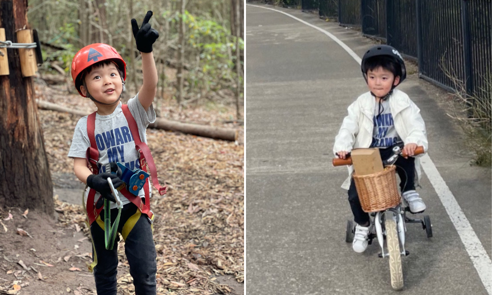 Collage left to right: James tree climbing, James riding a bike