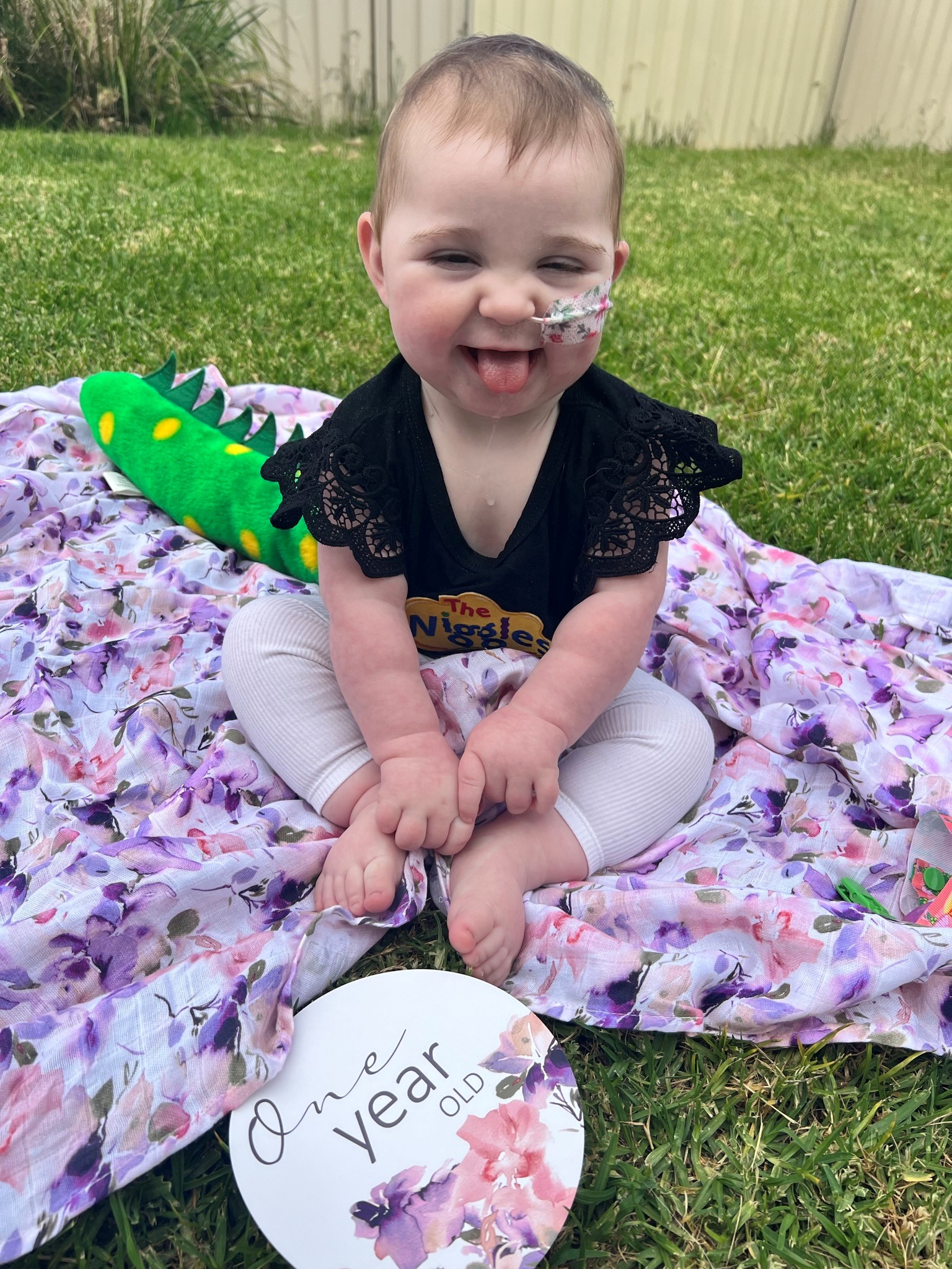 Image of one year old child sitting up with one year plague.