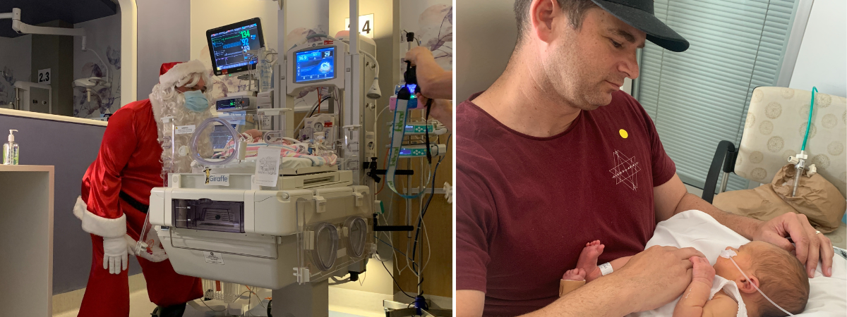 Left to right: Santa Claus visiting Cooper in hospital, Cooper's dad bonding with him in hospital