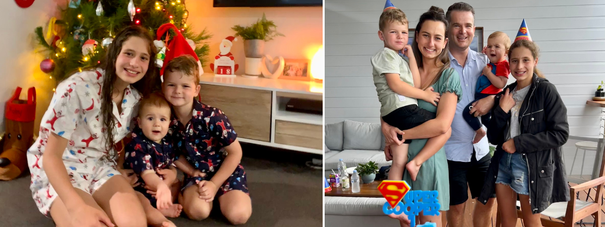 Left to right: Koby, Cooper and their sister sitting in front of the Christmas tree, Koby and Cooper and their family